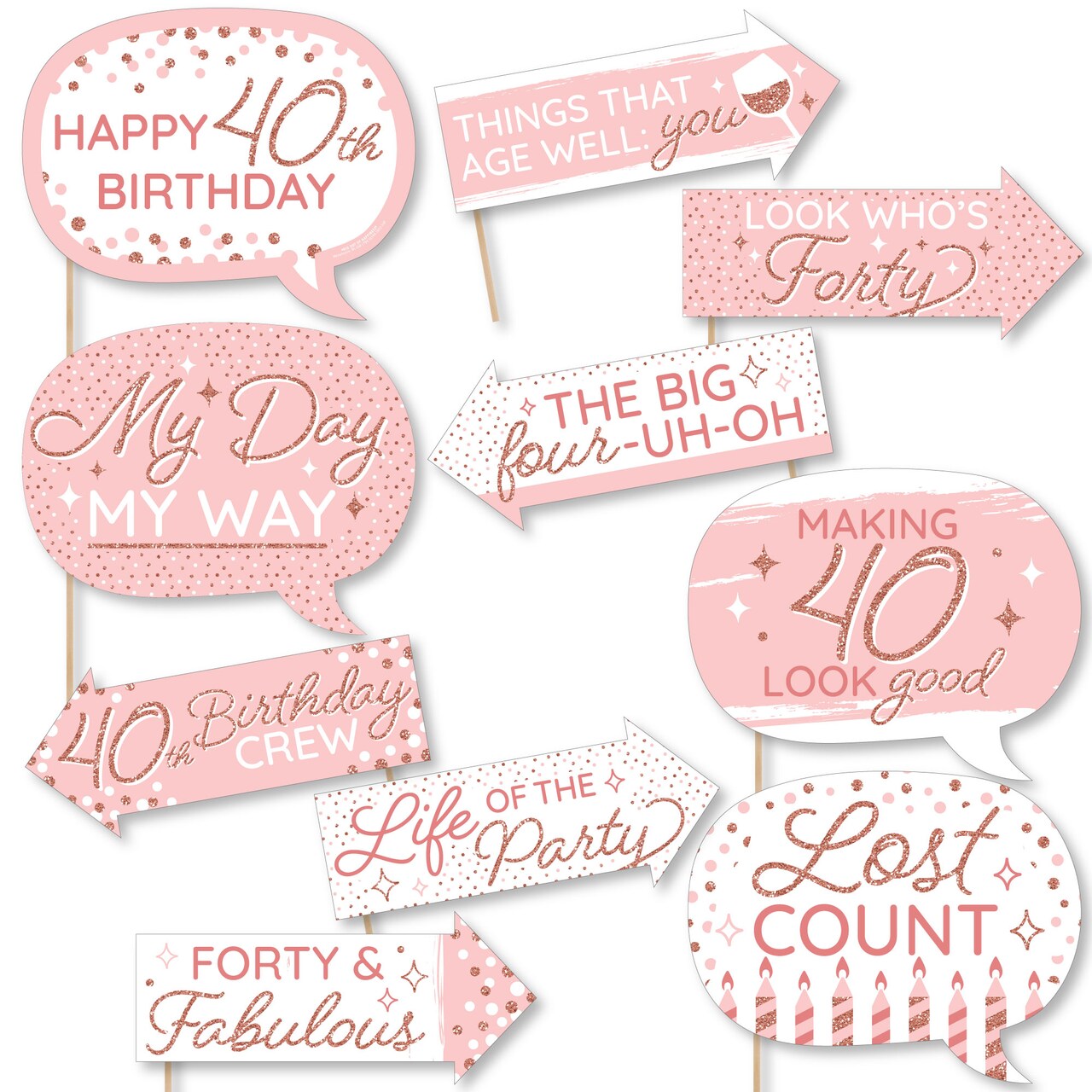 Big Dot of Happiness Funny 40th Pink Rose Gold Birthday - Happy Birthday Party Photo Booth Props Kit - 10 Piece